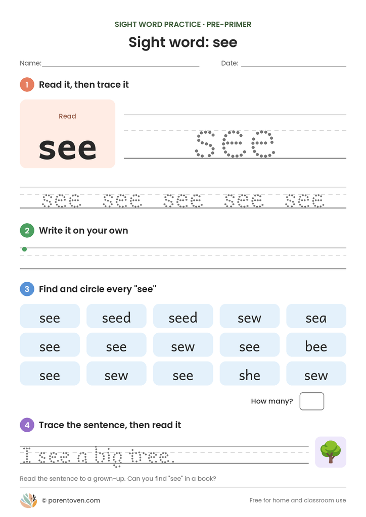 Sight word "see" worksheet: read and trace see, write it, find and circle it, and trace the sentence "I see a big tree."