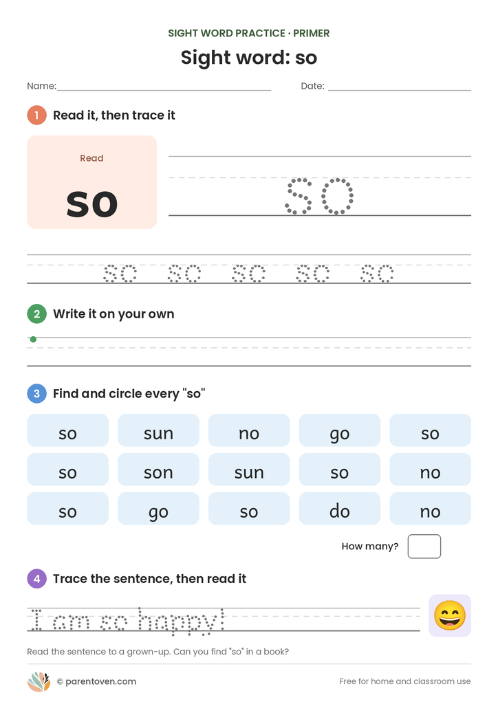 Sight word "so" worksheet: read and trace so, write it, find and circle it, and trace the sentence "I am so happy!"