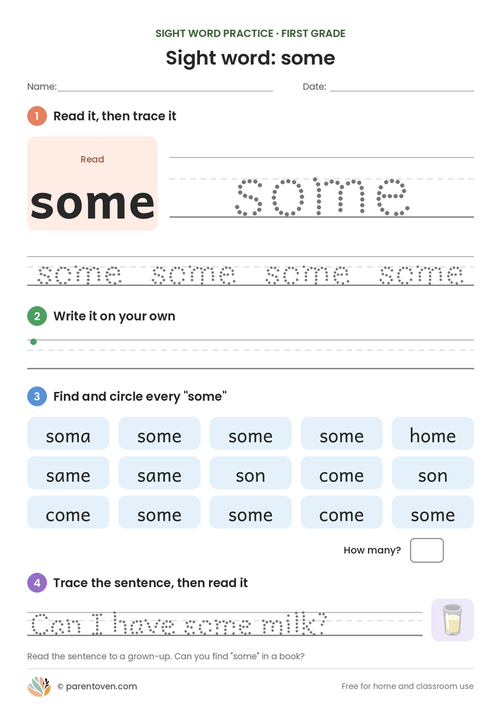 Sight word "some" worksheet: read and trace some, write it, find and circle it, and trace the sentence "Can I have some milk?"