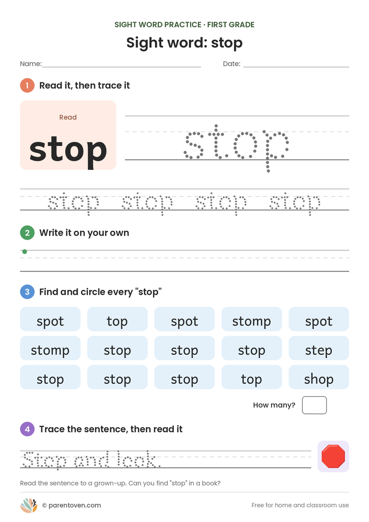 Sight word "stop" worksheet: read and trace stop, write it, find and circle it, and trace the sentence "Stop and look."