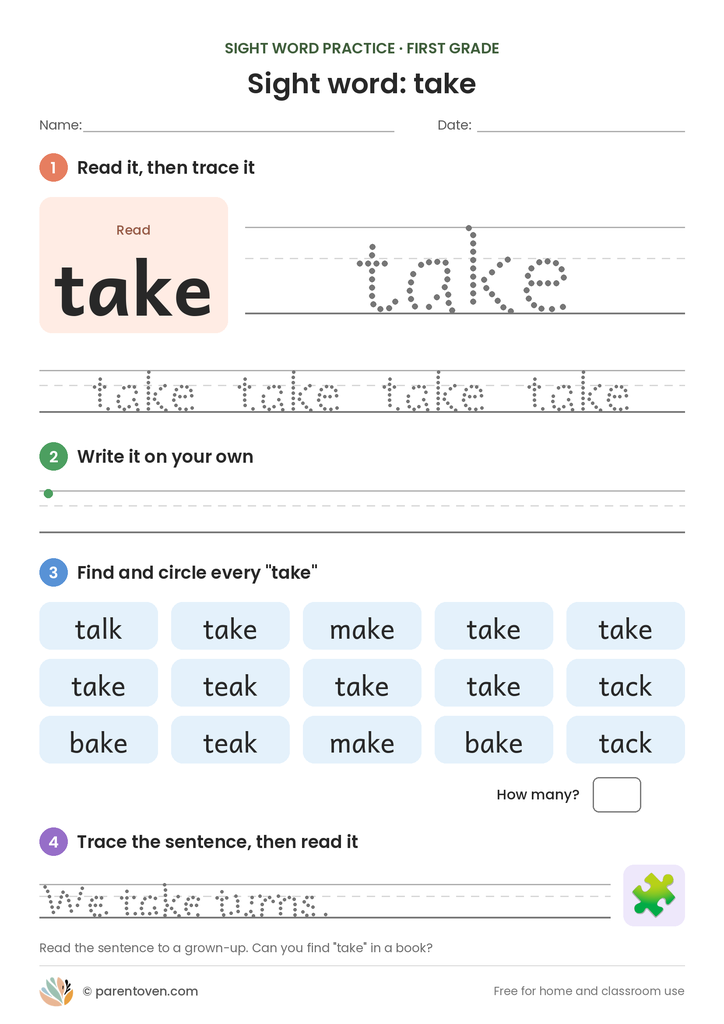 Sight word "take" worksheet: read and trace take, write it, find and circle it, and trace the sentence "We take turns."