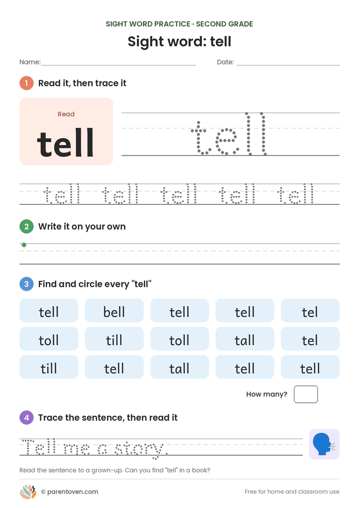 Sight word "tell" worksheet: read and trace tell, write it, find and circle it, and trace the sentence "Tell me a story."
