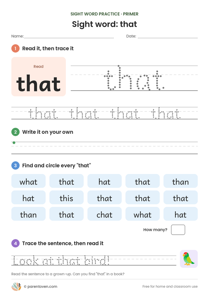 Sight word "that" worksheet: read and trace that, write it, find and circle it, and trace the sentence "Look at that bird!"