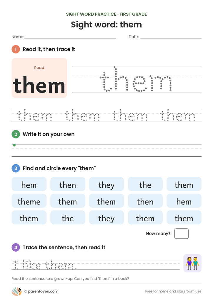 Sight word "them" worksheet: read and trace them, write it, find and circle it, and trace the sentence "I like them."
