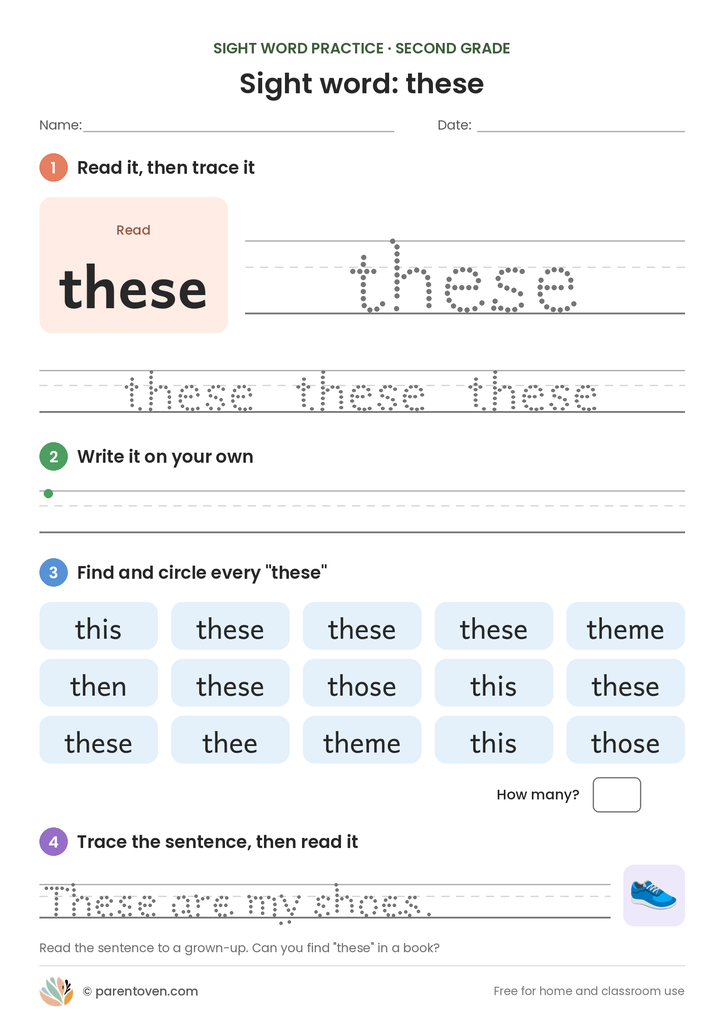 Sight word "these" worksheet: read and trace these, write it, find and circle it, and trace the sentence "These are my shoes."