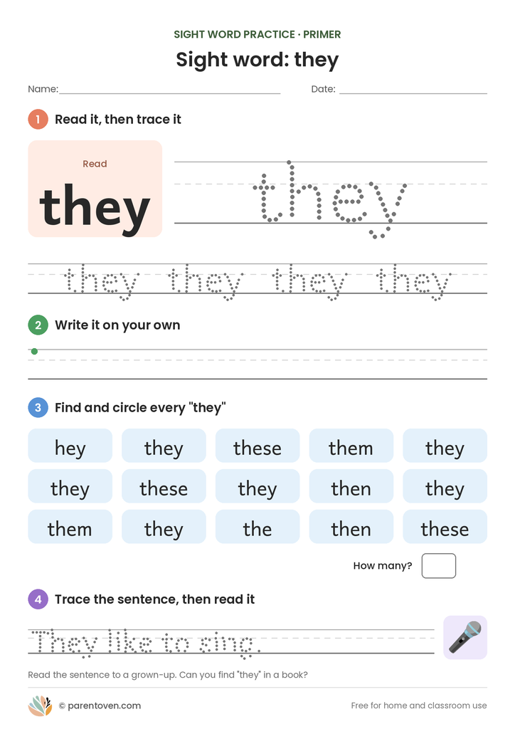 Sight word "they" worksheet: read and trace they, write it, find and circle it, and trace the sentence "They like to sing."