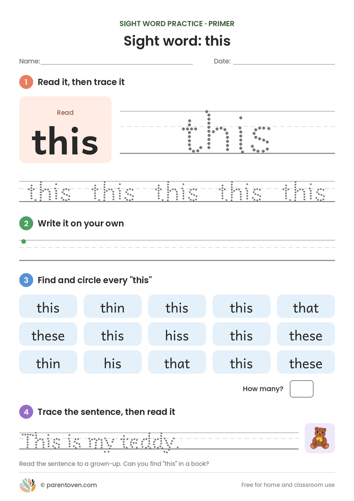 Sight word "this" worksheet: read and trace this, write it, find and circle it, and trace the sentence "This is my teddy."