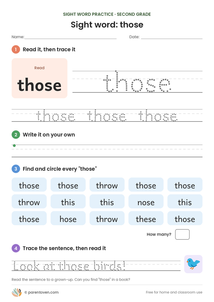 Sight word "those" worksheet: read and trace those, write it, find and circle it, and trace the sentence "Look at those birds!"