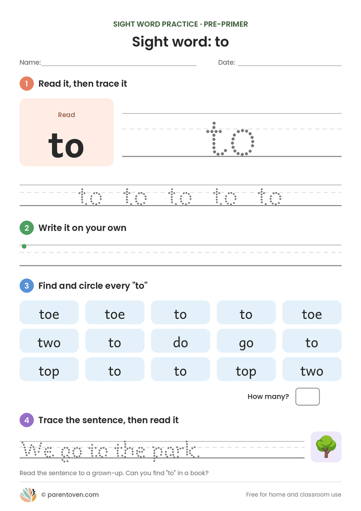 Sight word "to" worksheet: read and trace to, write it, find and circle it, and trace the sentence "We go to the park."