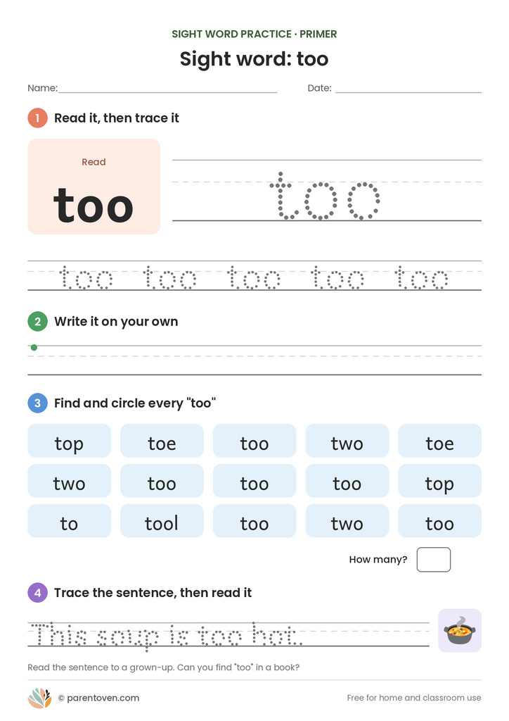 Sight word "too" worksheet: read and trace too, write it, find and circle it, and trace the sentence "This soup is too hot."