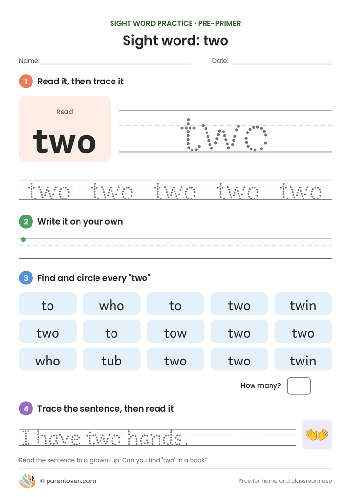 Sight word "two" worksheet: read and trace two, write it, find and circle it, and trace the sentence "I have two hands."