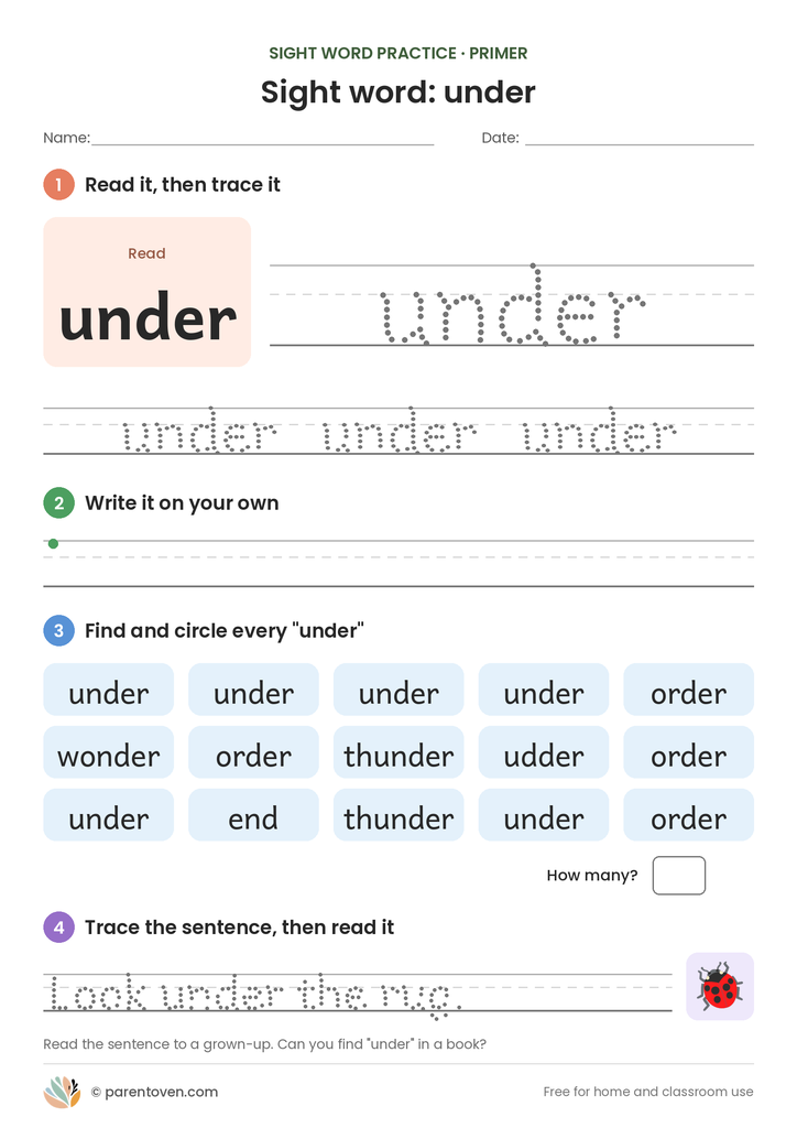 Sight word "under" worksheet: read and trace under, write it, find and circle it, and trace the sentence "Look under the rug."