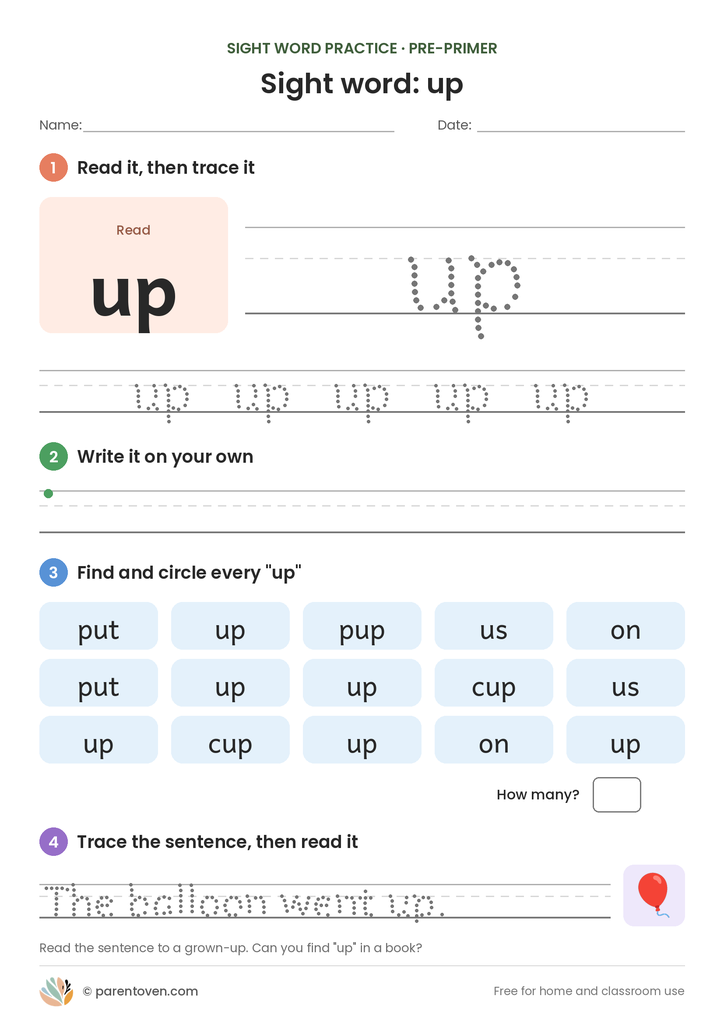 Sight word "up" worksheet: read and trace up, write it, find and circle it, and trace the sentence "The balloon went up."