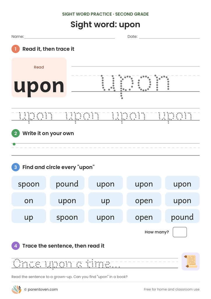 Sight word "upon" worksheet: read and trace upon, write it, find and circle it, and trace the sentence "Once upon a time…"