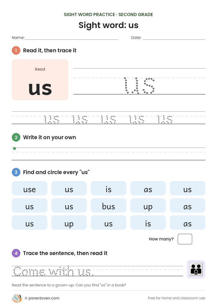 Sight word "us" worksheet: read and trace us, write it, find and circle it, and trace the sentence "Come with us."