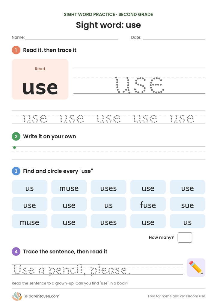 Sight word "use" worksheet: read and trace use, write it, find and circle it, and trace the sentence "Use a pencil, please."
