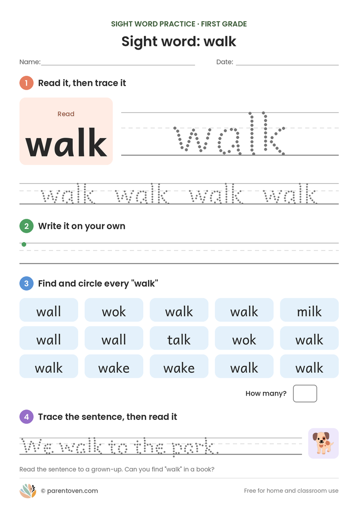 Sight word "walk" worksheet: read and trace walk, write it, find and circle it, and trace the sentence "We walk to the park."