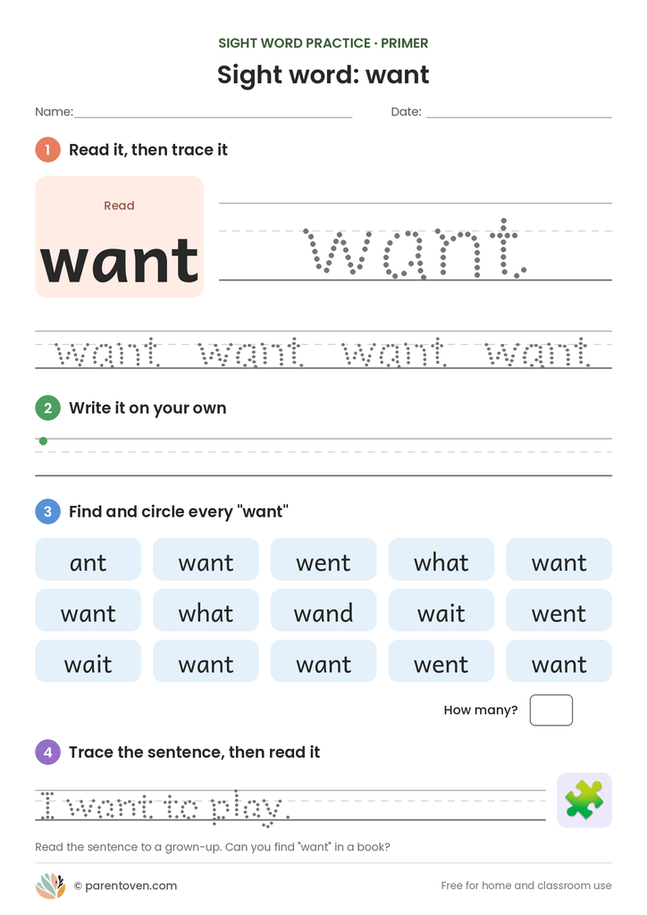 Sight word "want" worksheet: read and trace want, write it, find and circle it, and trace the sentence "I want to play."