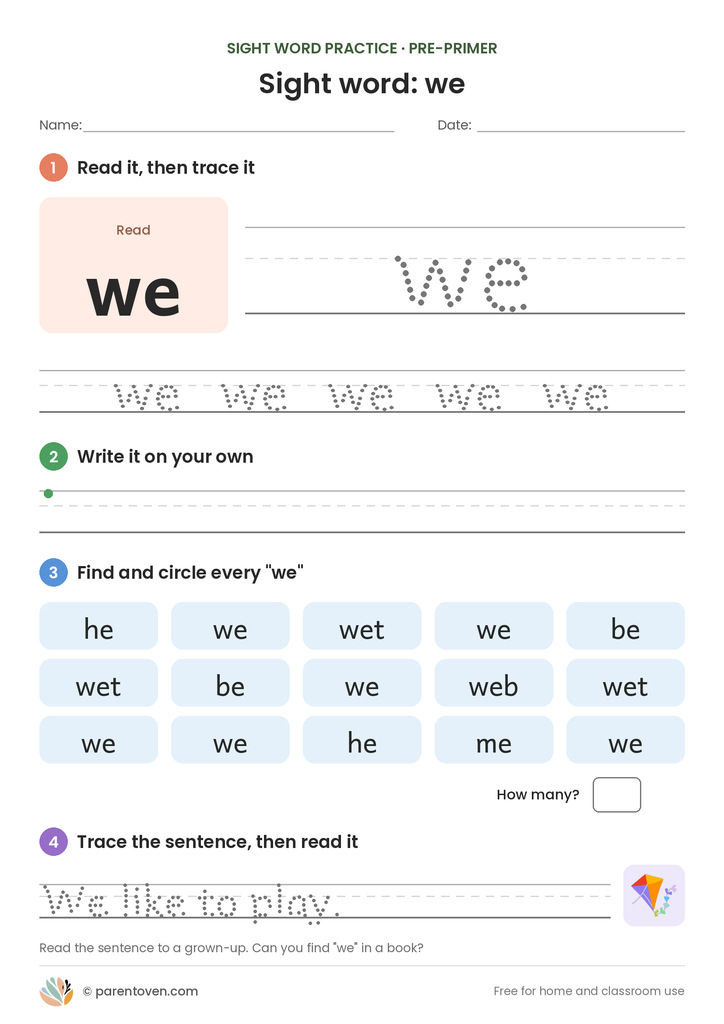 Sight word "we" worksheet: read and trace we, write it, find and circle it, and trace the sentence "We like to play."