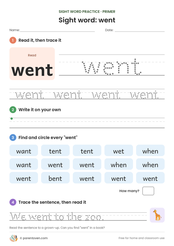 Sight word "went" worksheet: read and trace went, write it, find and circle it, and trace the sentence "We went to the zoo."