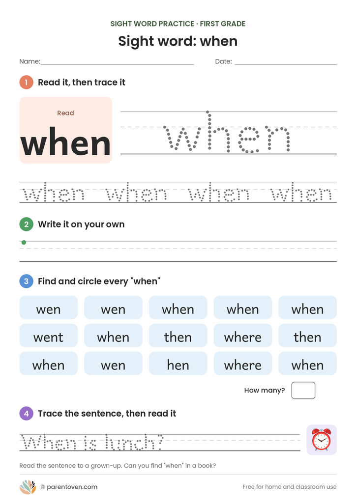 Sight word "when" worksheet: read and trace when, write it, find and circle it, and trace the sentence "When is lunch?"