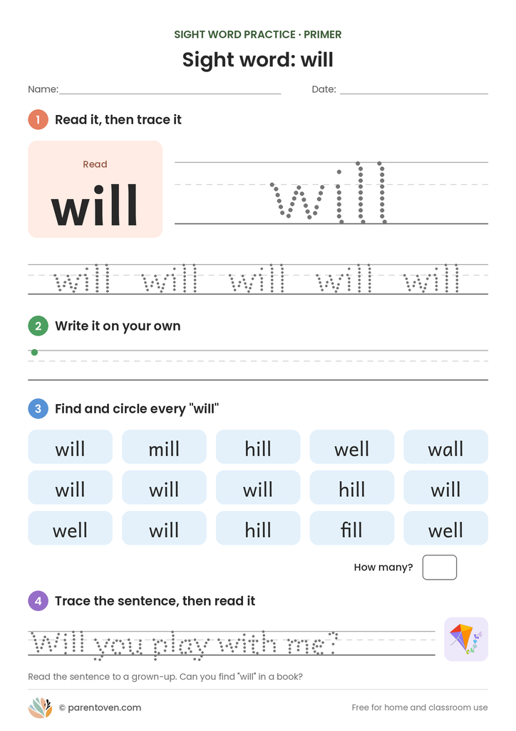 Sight word "will" worksheet: read and trace will, write it, find and circle it, and trace the sentence "Will you play with me?"