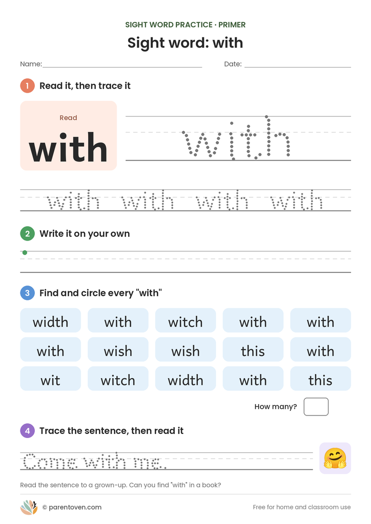 Sight word "with" worksheet: read and trace with, write it, find and circle it, and trace the sentence "Come with me."
