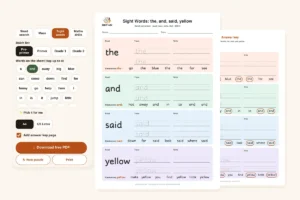 Sight word worksheet maker: the, and, said and yellow with read, trace, write and circle rows, plus the answer key