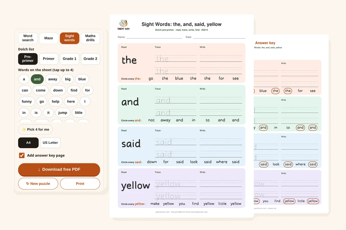 Sight word worksheet maker: the, and, said and yellow with read, trace, write and circle rows, plus the answer key