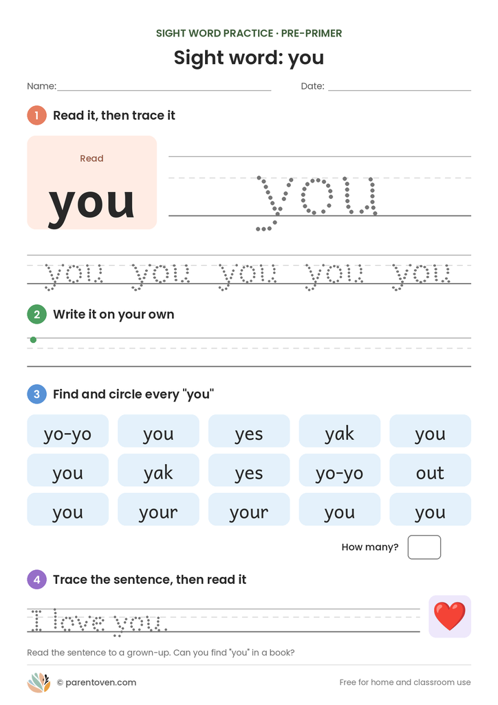 Sight word "you" worksheet: read and trace you, write it, find and circle it, and trace the sentence "I love you."