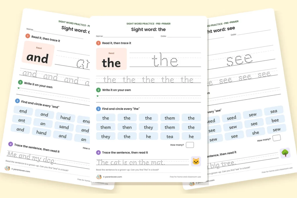 Free sight word worksheets for "and", "the" and "see" with tracing, writing and find-and-circle activities