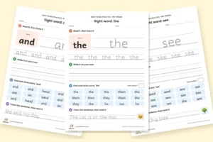 Free sight word worksheets for "and", "the" and "see" with tracing, writing and find-and-circle activities
