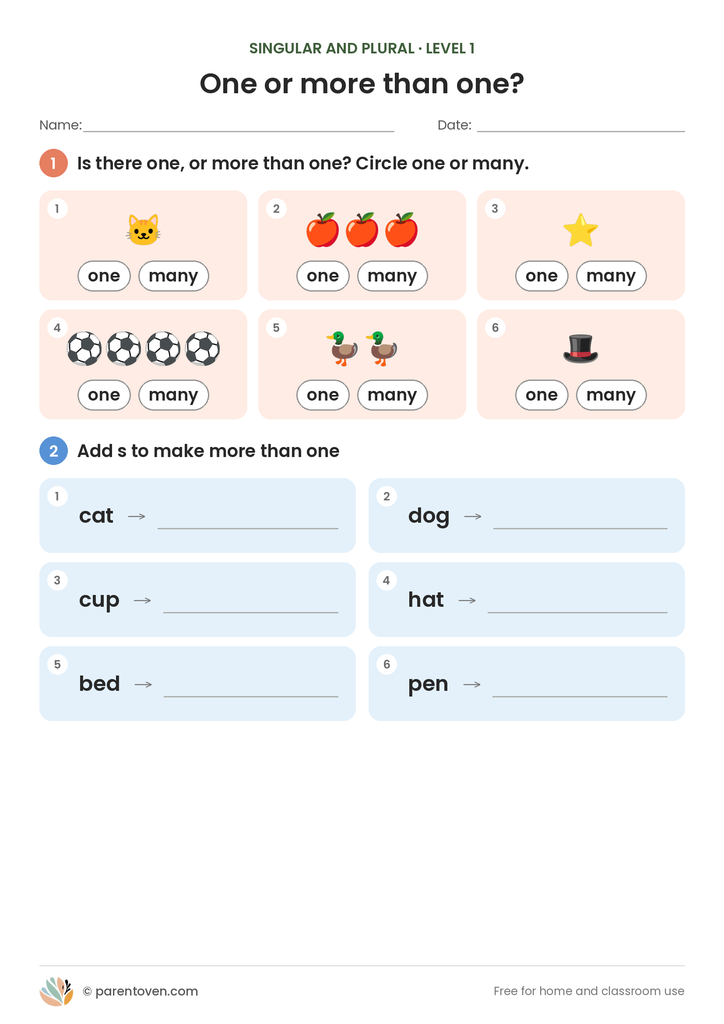 Singular and Plural worksheet level 1: circle one or many for six pictures, then add s to six words such as cat, dog and cup