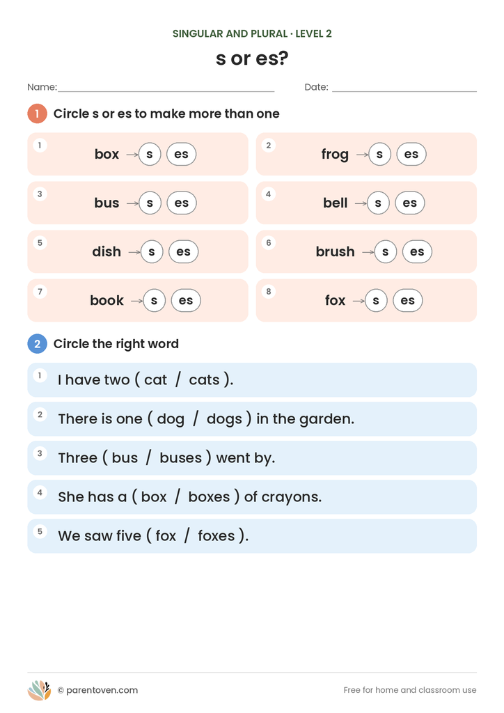 Singular and Plural worksheet level 2: choose s or es for eight words (box, frog, bus, dish and more), then circle the right word in five sentences