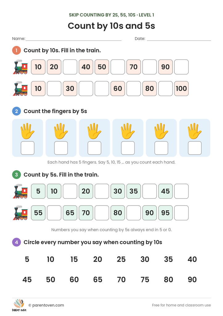 Skip Counting by 2s, 5s and 10s worksheet level 1: two count-by-10s trains, a row of hands to count by 5s, two count-by-5s trains and a circle-the-10s number hunt