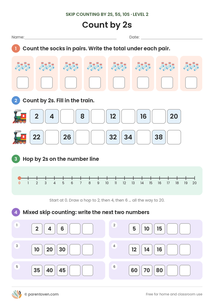 Skip Counting by 2s, 5s and 10s worksheet level 2: eight pairs of socks to count by 2s, two count-by-2s trains, a number line to hop by 2s and six mixed “next two numbers” questions