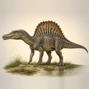 Illustration of a Spinosaurus with a sail on its back by the water