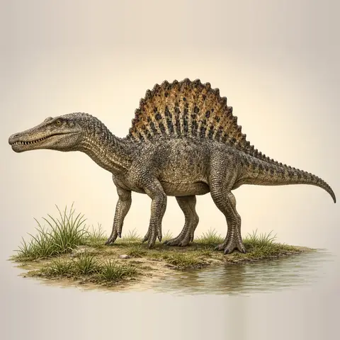 Illustration of a Spinosaurus with a sail on its back by the water