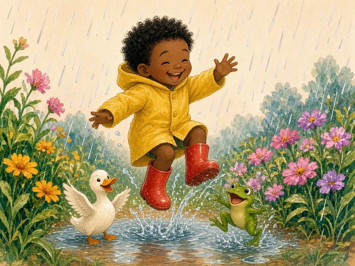 Splash! Who Is in the Rain?: kofi splashing in a puddle beside a white duck and a little green frog, all three splashing happily
