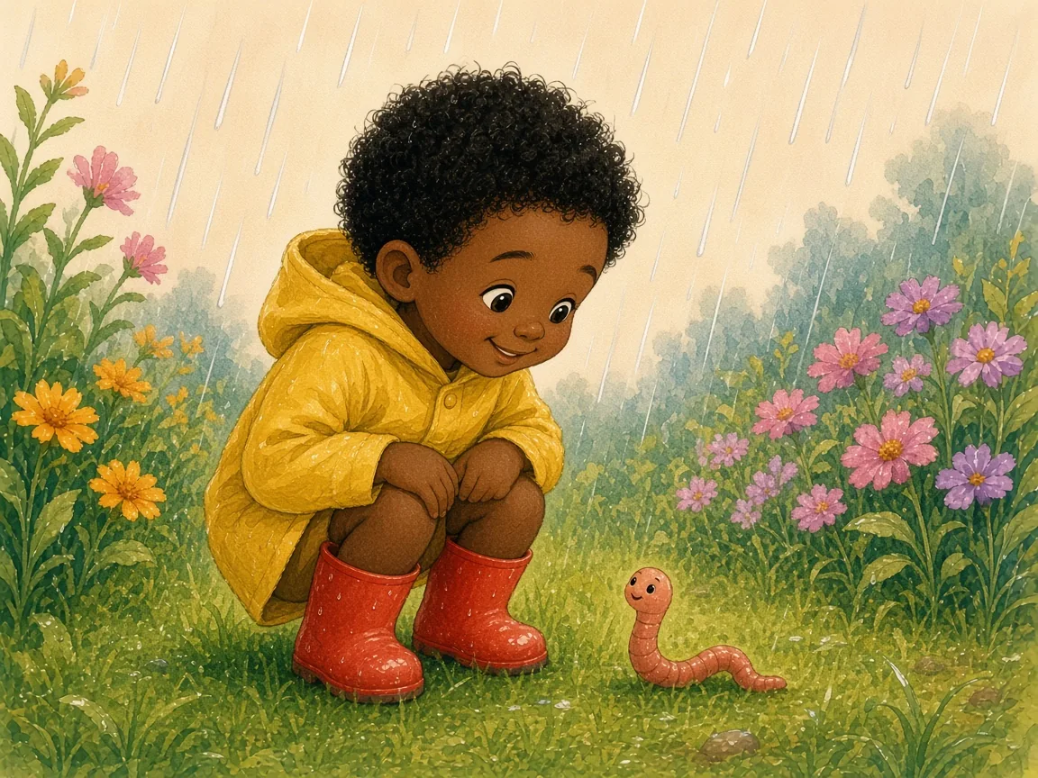 Splash! Who Is in the Rain?: kofi crouching on wet grass to look closely at a small smiling pink earthworm