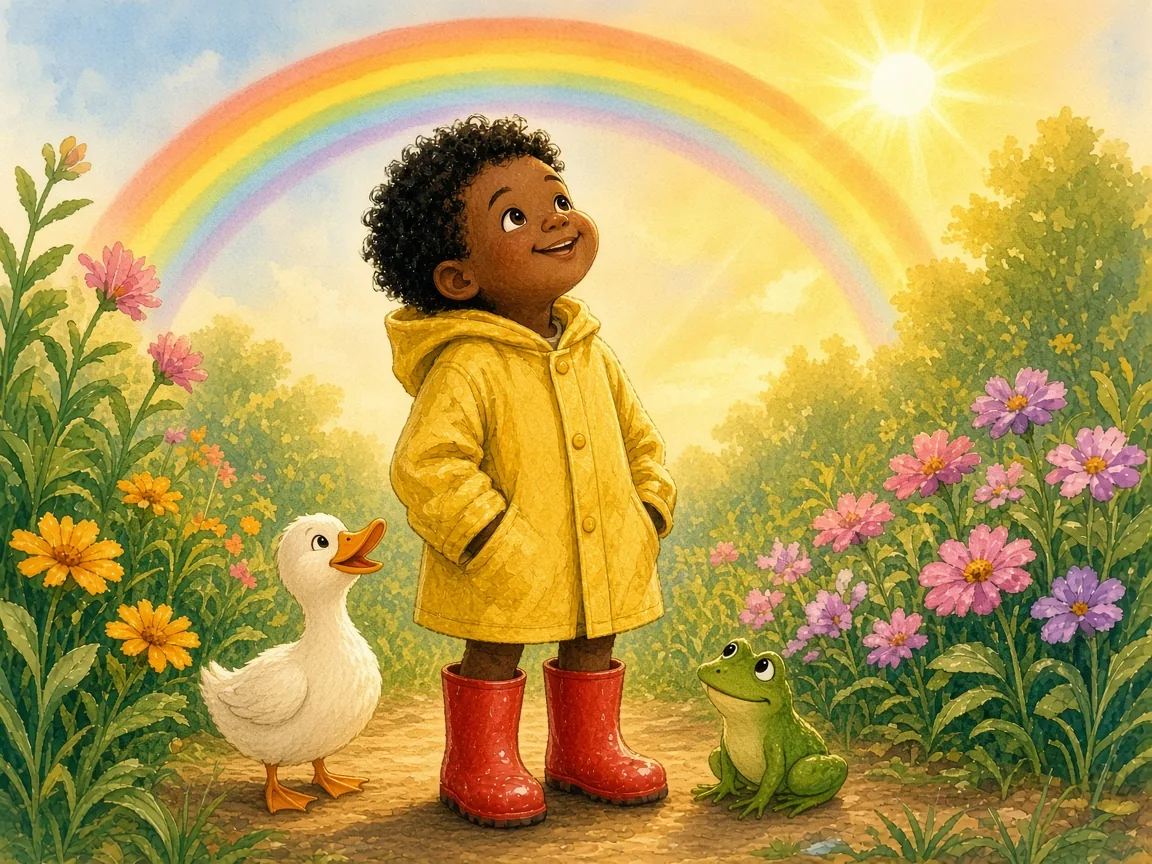 Splash! Who Is in the Rain?: kofi with the duck and the frog under a bright rainbow as the sun comes out after rain