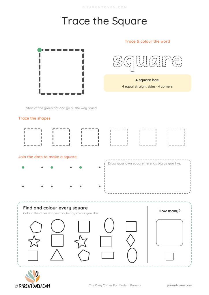 Square shape worksheet: trace a big square and the word square, trace a row of shapes, join the dots, draw your own and find every square