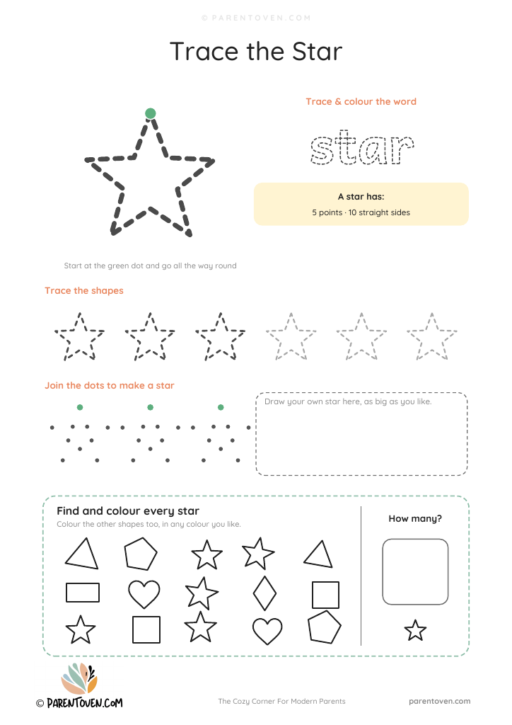 Star shape worksheet: trace a big star and the word star, trace a row of shapes, join the dots, draw your own and find every star