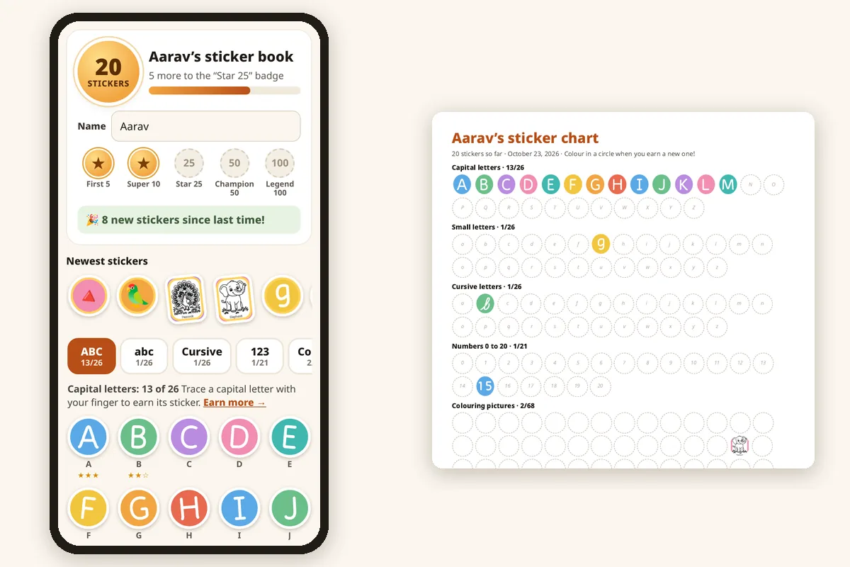 Sticker book for kids: a phone showing letter stickers and badges, next to a printed sticker chart