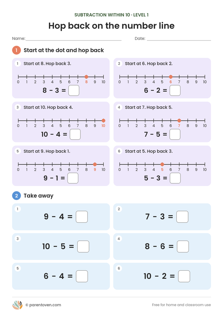 Subtraction within 10 worksheet level 1: six number-line sums such as “start at 8, hop back 3”, plus six take-away sums within ten