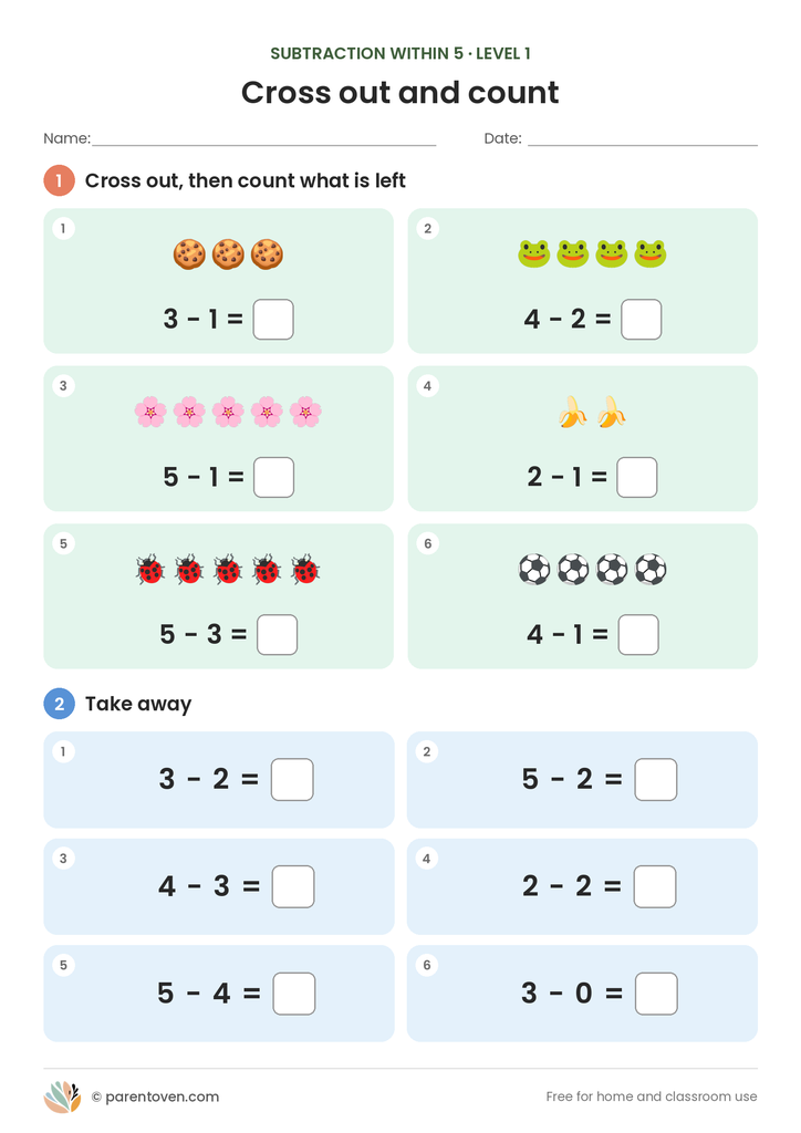Subtraction within 5 worksheet level 1: six cross-out picture sums, such as five flowers take away one, plus six take-away number sums