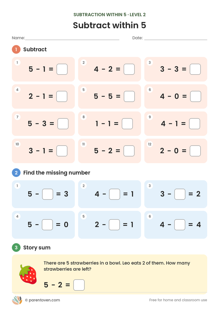 Subtraction within 5 worksheet level 2: twelve subtraction sums, six missing-number sums like 5 − ? = 2, and a story sum about strawberries
