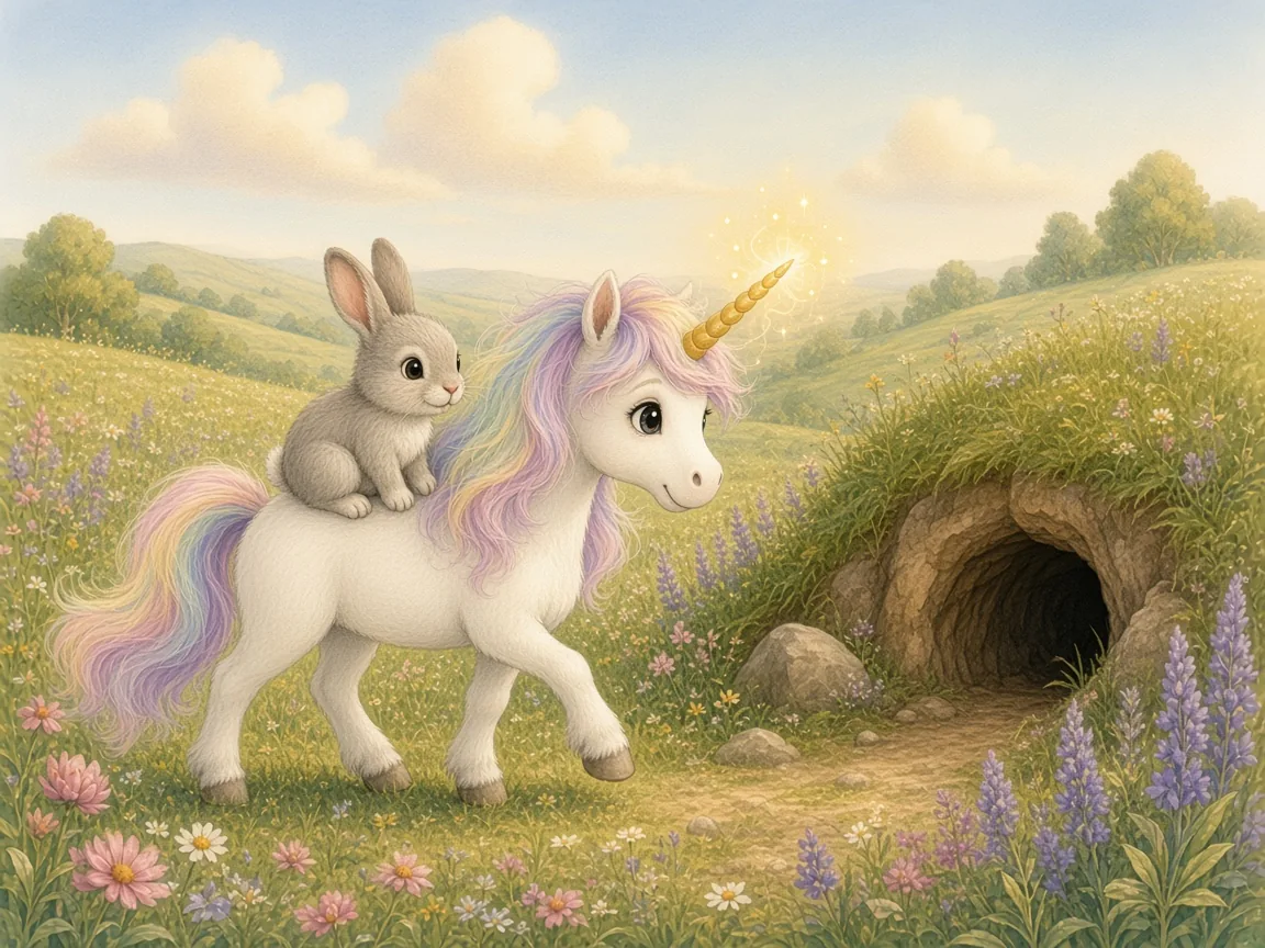Sunny, the Unicorn Who Was Always Late: sunny carrying a small grey rabbit on her back towards a burrow in a grassy bank, her horn glowing faintly