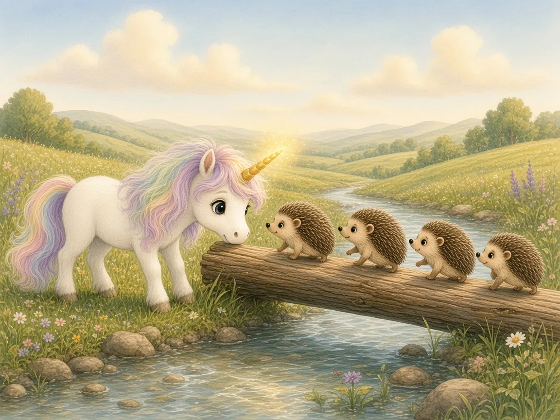 Sunny, the Unicorn Who Was Always Late: a family of hedgehogs walking carefully across a log over a shallow stream while Sunny steadies the log with her nose, her horn glowing