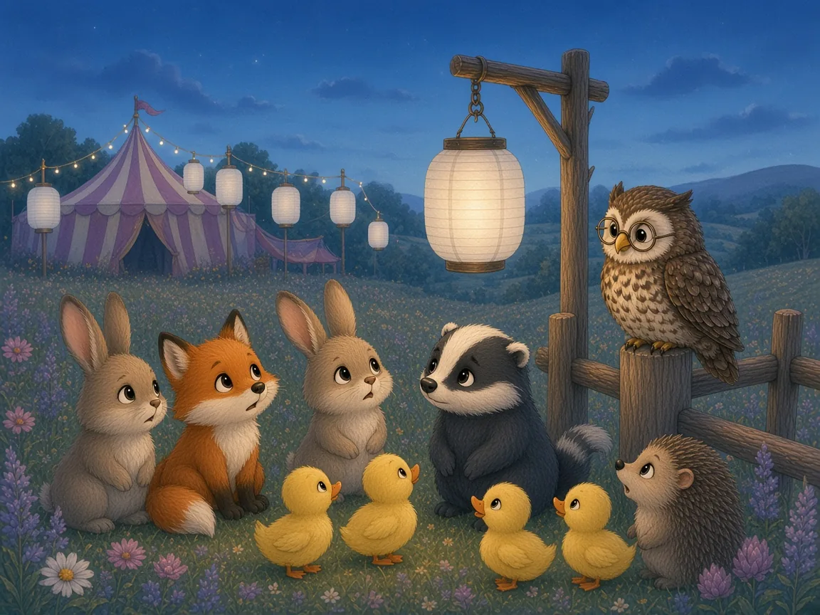 Sunny, the Unicorn Who Was Always Late: a dusky fairground with unlit paper lanterns hanging between tents, animals standing in the gloom looking disappointed, Mayor Owl among them